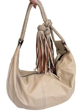 Mulberry Cream Leather Hobo Bag with Braided Handles & Oversized Tassels